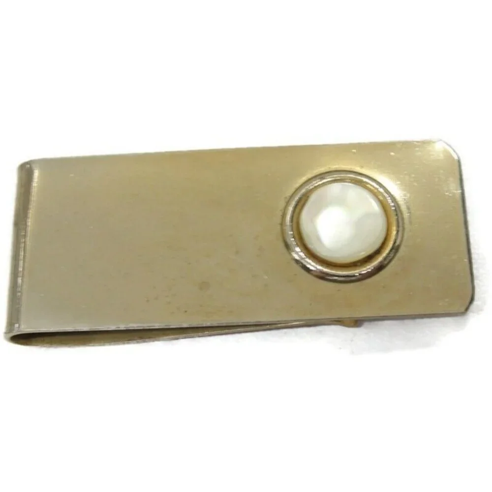 Vintage Money Clip Gold Tone MOP Men Wallet ID Credit Card Holder